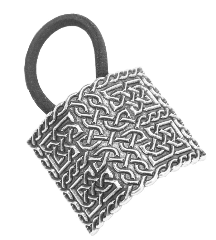 Square Celtic ponytail holder with raised design on pewter