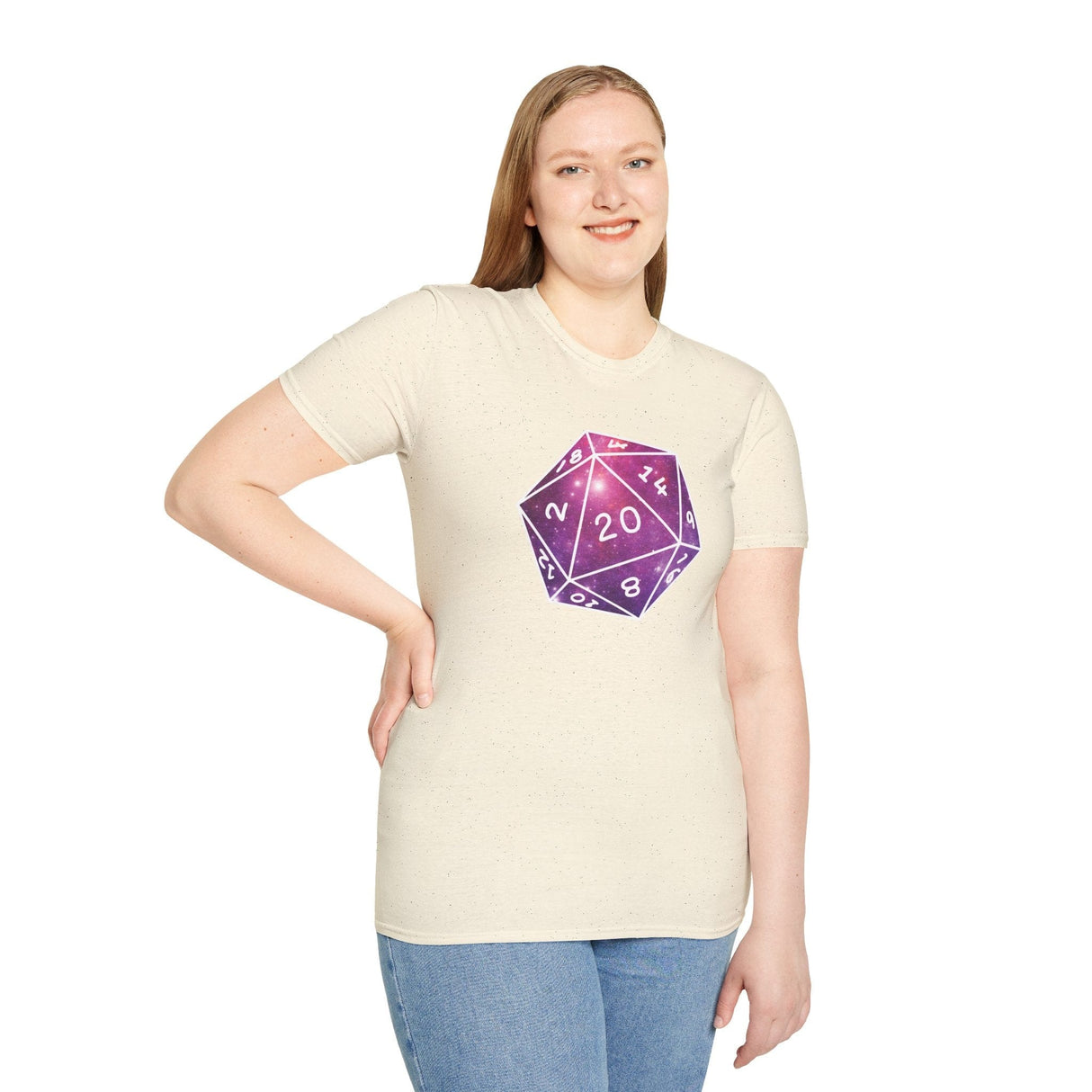 Person wearing a cream t-shirt with a purple die design on a white background