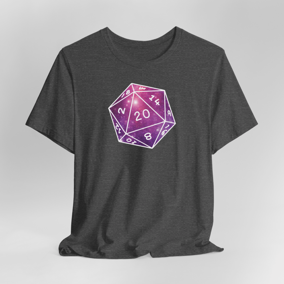 Gray t-shirt with a purple, pink and white die design