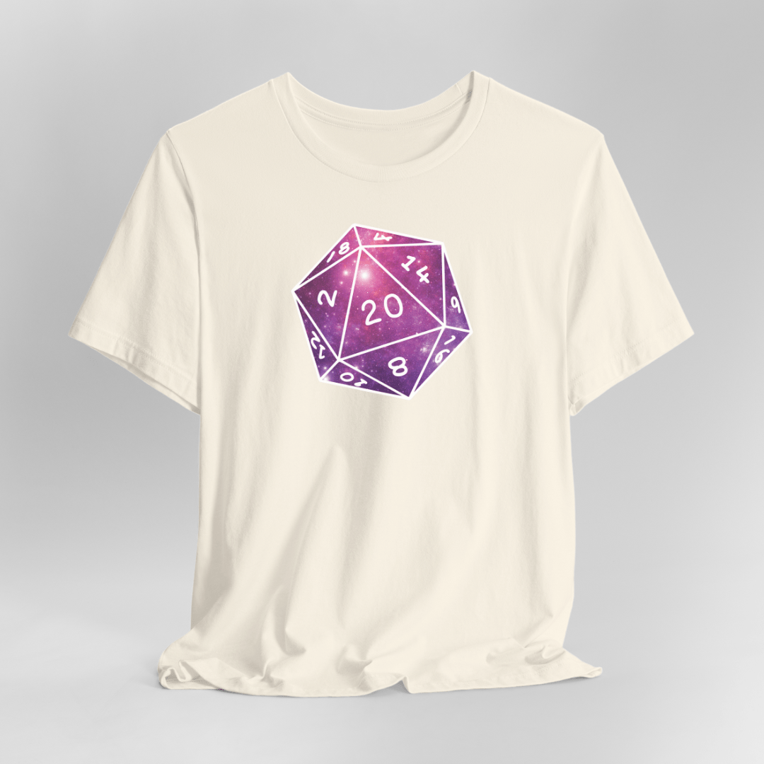 White t-shirt with a purple, pink and white die design