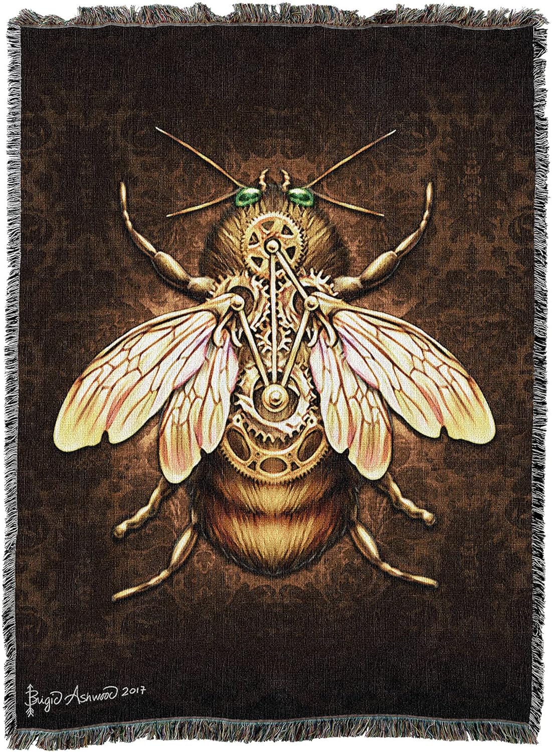 Tapestry blanket, art by Brigid Ashwood, steampunk honeybee with cogs and gears on brown mottled background