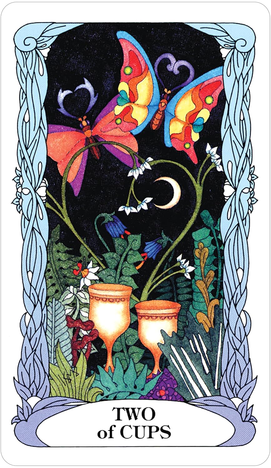 Tarot of a Moon Garden Two of Cups card with butterflies and chalices amidst plants and crescent moon
