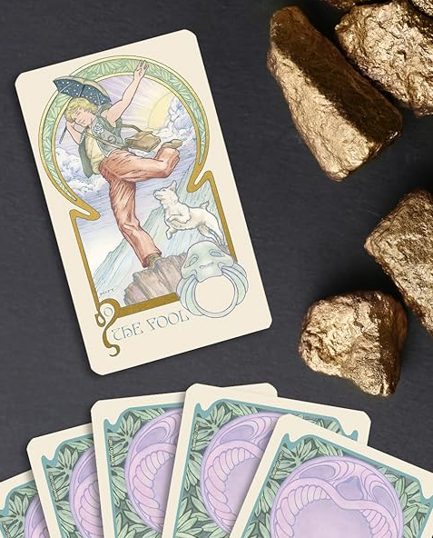 The Fool card art, leaping man with umbrella and dog