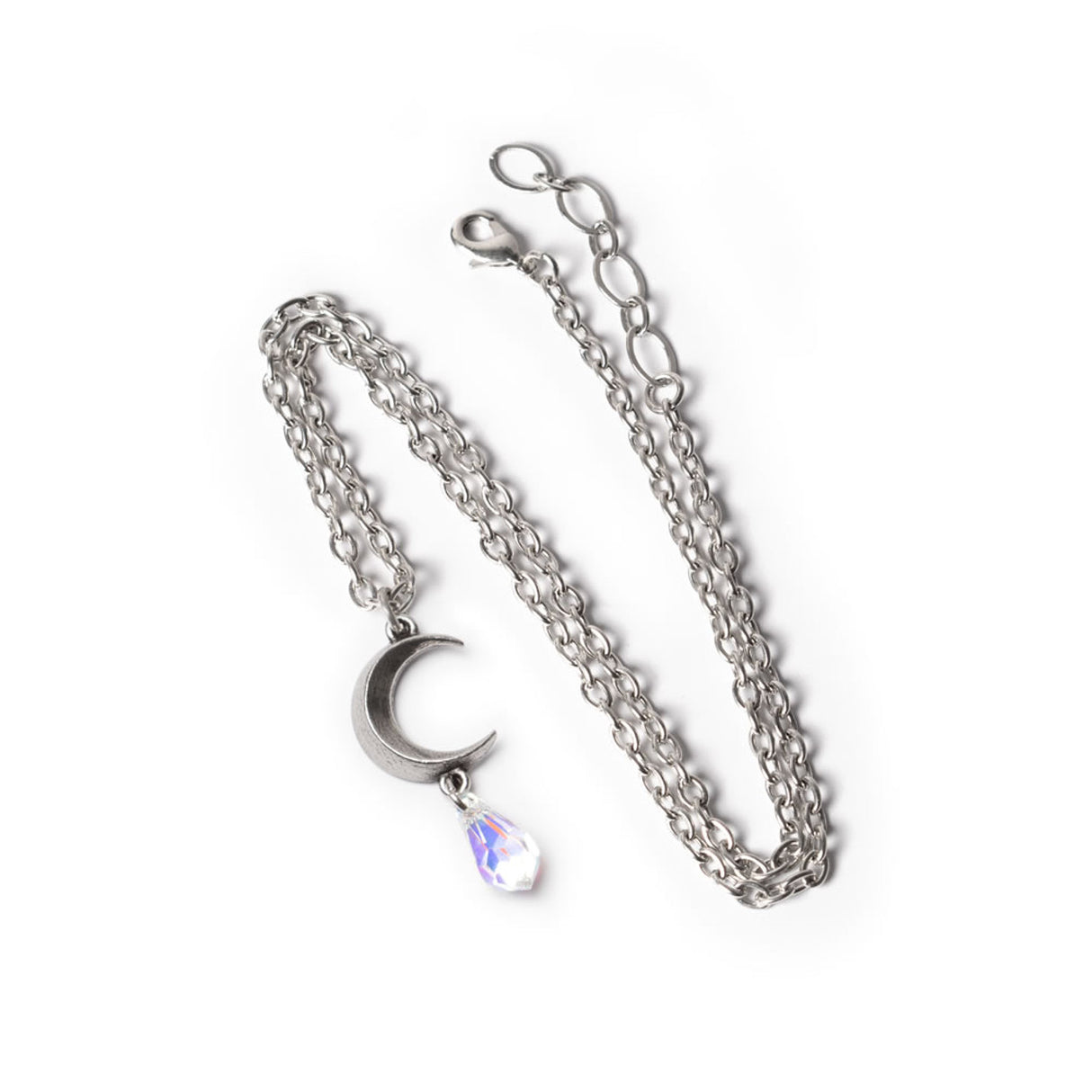 Pendant necklace with pewter crescent moon charm and crystal dropper in clear