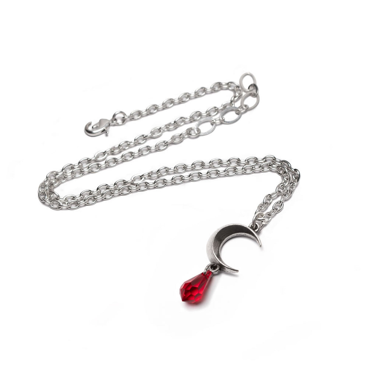 Pendant necklace with pewter crescent moon charm and crystal dropper in red