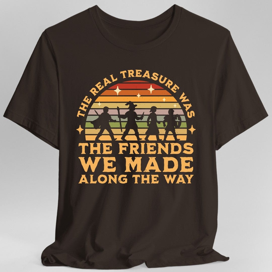 Brown t-shirt with vintage-style rainbow & adventurers graphic and text reading "The real treasure was the friends we made along the way"