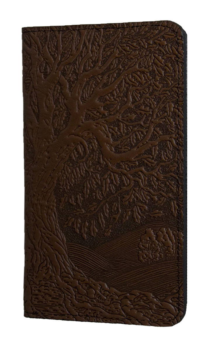 Leather checkbook cover with tree of life design in dark chocolate brown