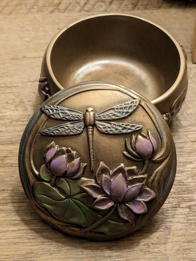 Trinket box with dragonfly and lilies, shown open