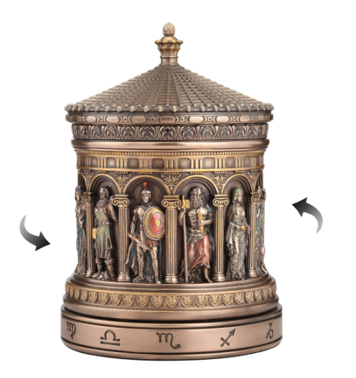 Decorative faux bronze trinket box with intricate zodiac designs and Greek gods & goddesses. It rotates.