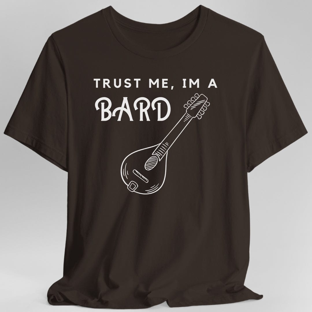 Brown t-shirt with 'Trust Me, I'm a Bard' text and mandolin graphic