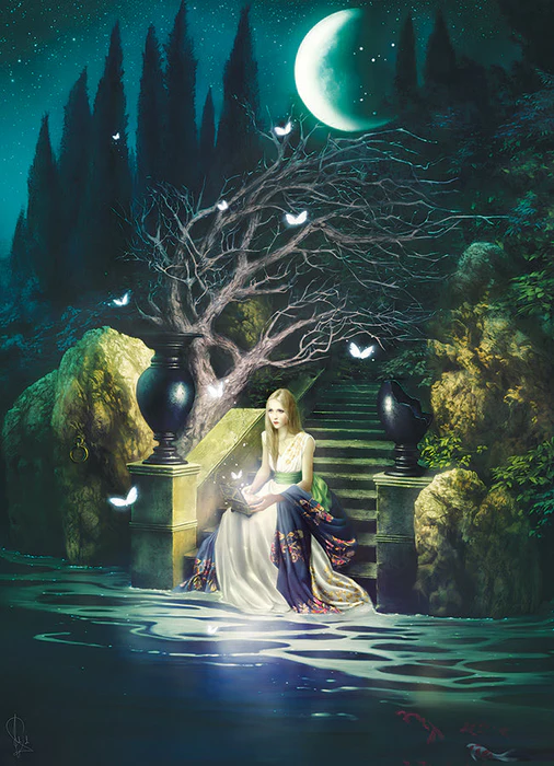 Image of woman sitting on steps under crescent moon night sky, glowing butterflies around her.