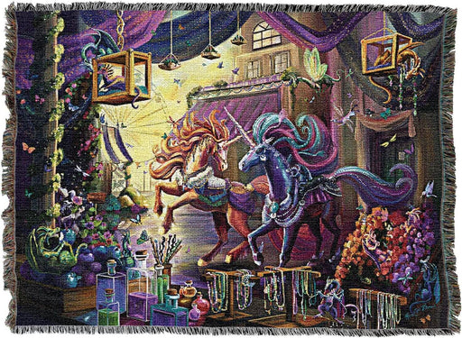 Tapestry blanket, art by Rose Khan, unicorns in a magical, colorful marketplace with potions, jewels, flowers, dragons, butterflies, ferris wheel in the background