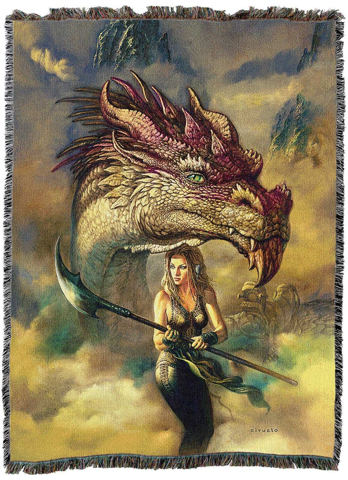 Tapestry blanket, art by Ciruelo, red and white dragon with green eye and lady standing with a glaive weapon