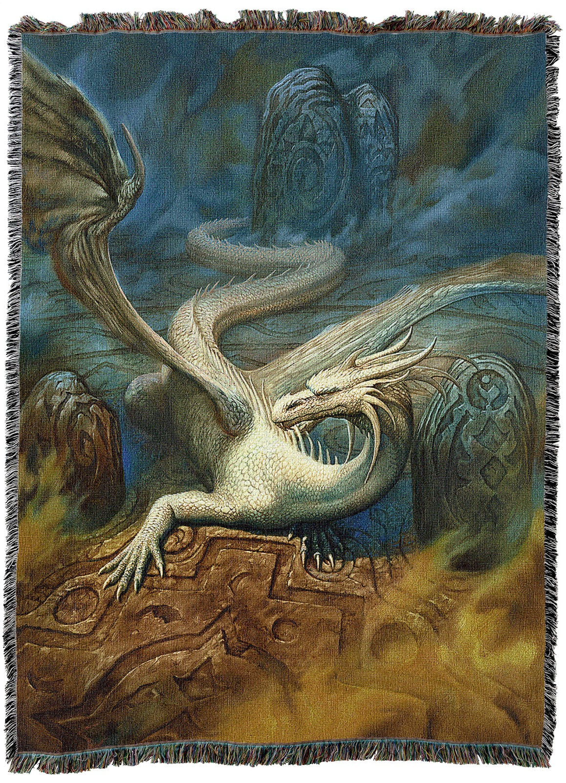 Tapestry blanket, art by Ciruelo, white dragon lounging in misty temple with carved stones