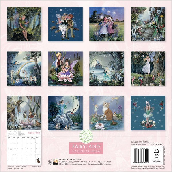 Fairyland calendar back cover with various fairy illustrations on a pink background