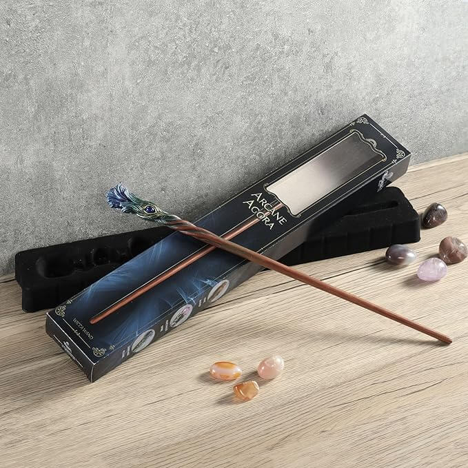 Blue peacock feather wand with gem, with box and stones