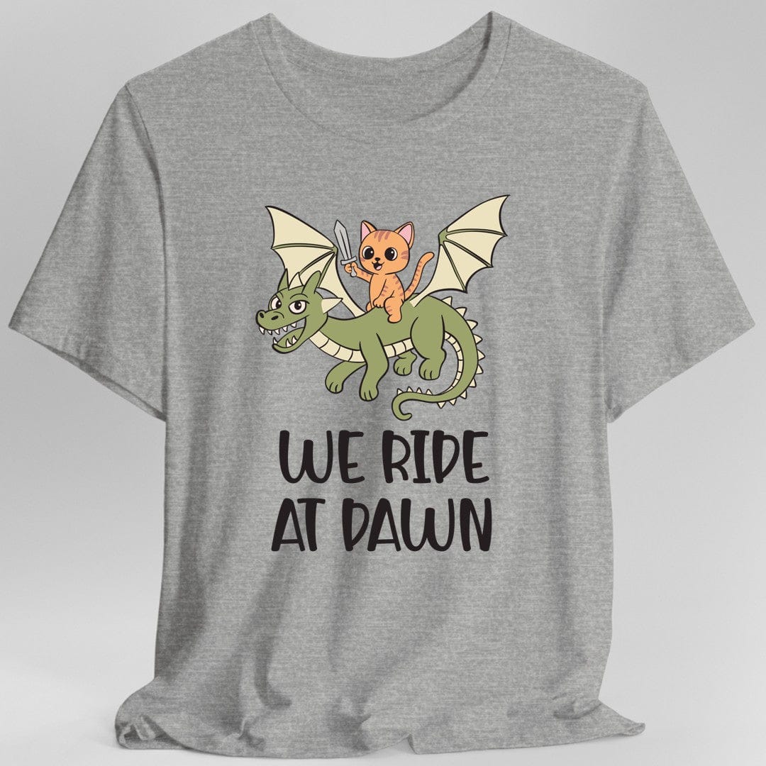 Gray t-shirt with a cat riding a dragon graphic and 'We Ride at Dawn' text