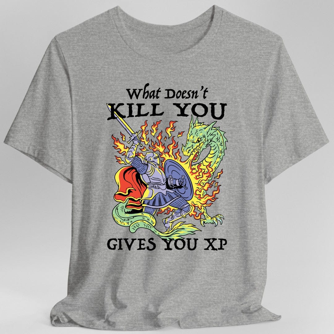 Gray t-shirt with a graphic design of knight fighting a dragon and text reading "What Doesn't Kill You Gives You XP"