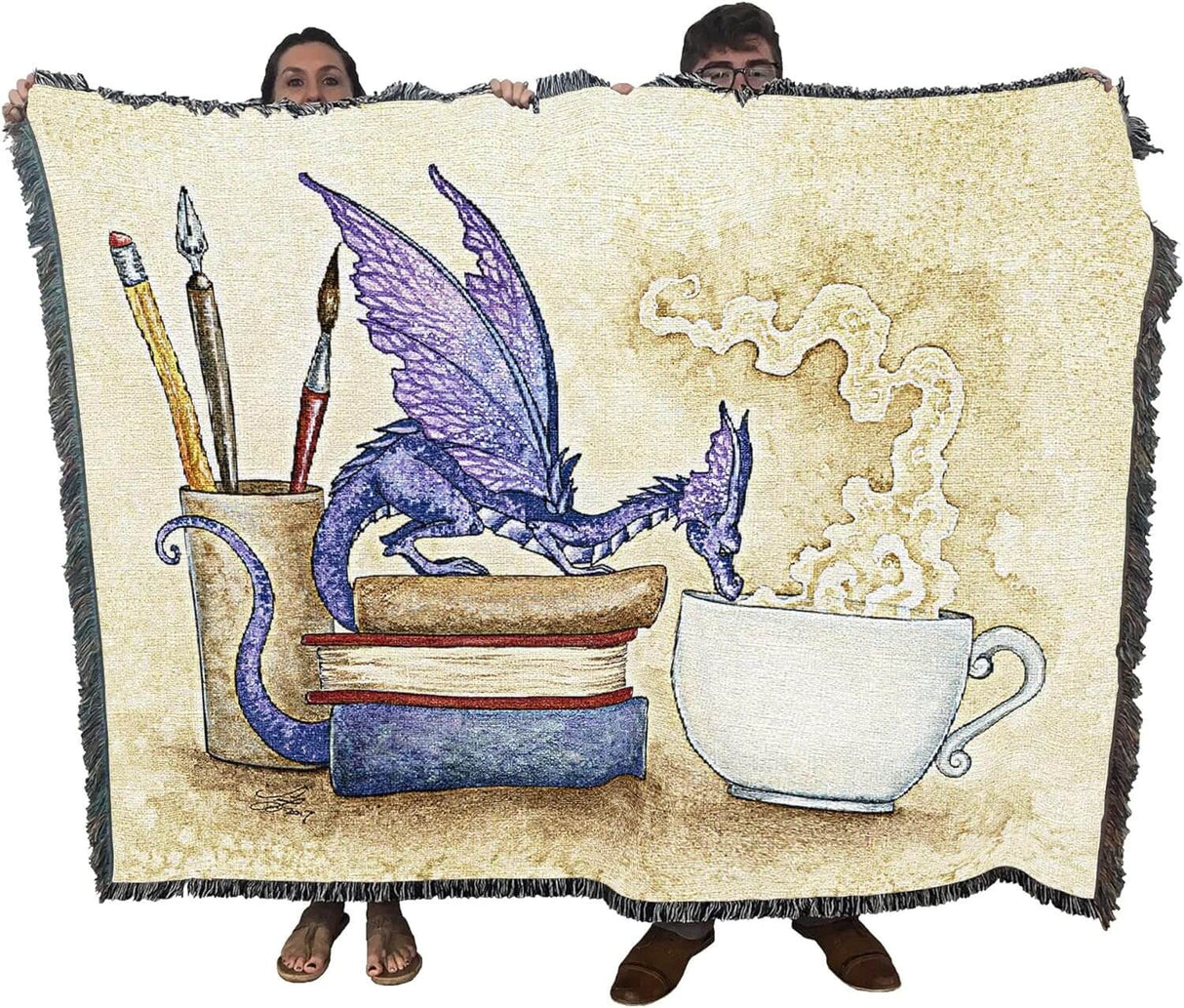 Tapestry blanket with dragon held by two adults to show large size