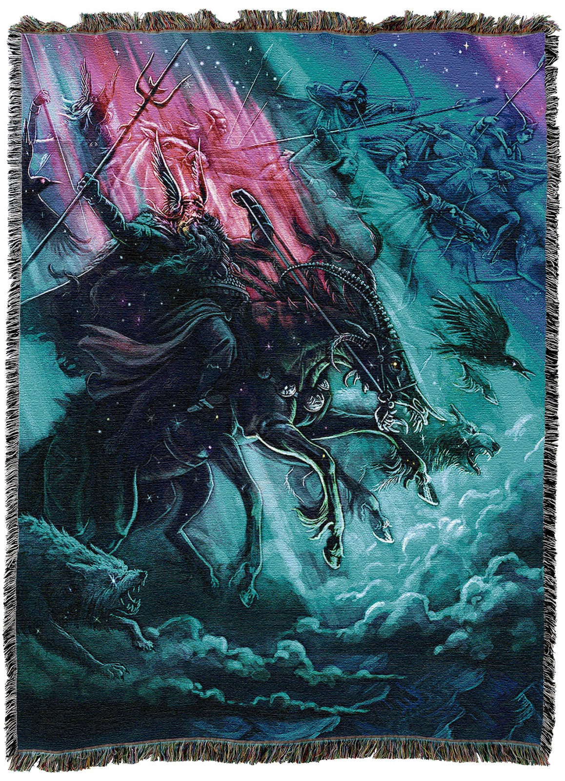 Tapestry blanket featuring shadowy silhouette of Odin on Sleipnir (8 legged horse) leading the spectral wild hunt through the northern lights sky with wolves and ravens
