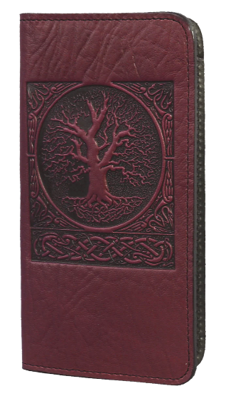 Leather checkbook holder with Tree of Life design in red wine color