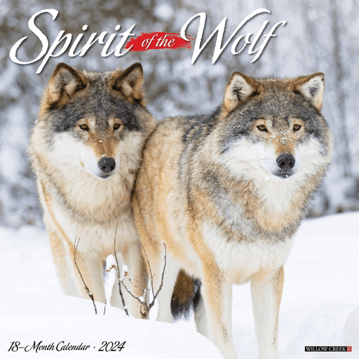 2024 Spirit of the Wolf wall calendar front cover with a pair of wolves in the snow