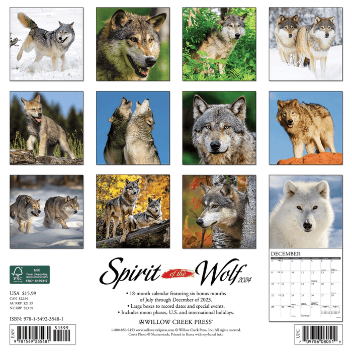 2024 Spirit of the Wolf wall calendar back cover showing all months
