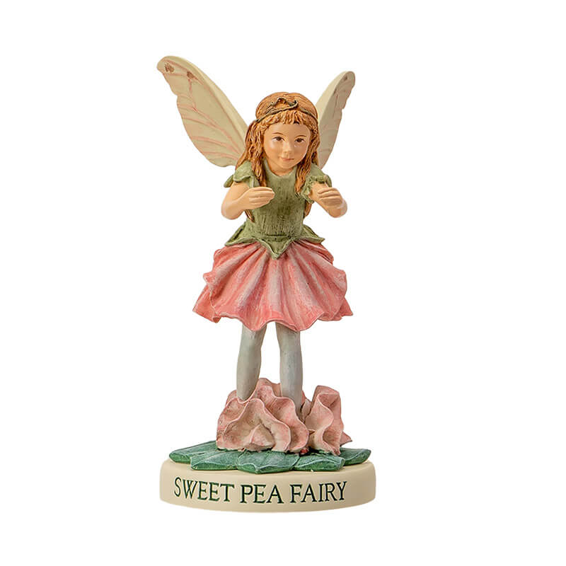 Flower fairy figurine of girl pixie with green and pink flower dress, base reads "Sweet Pea Fairy"