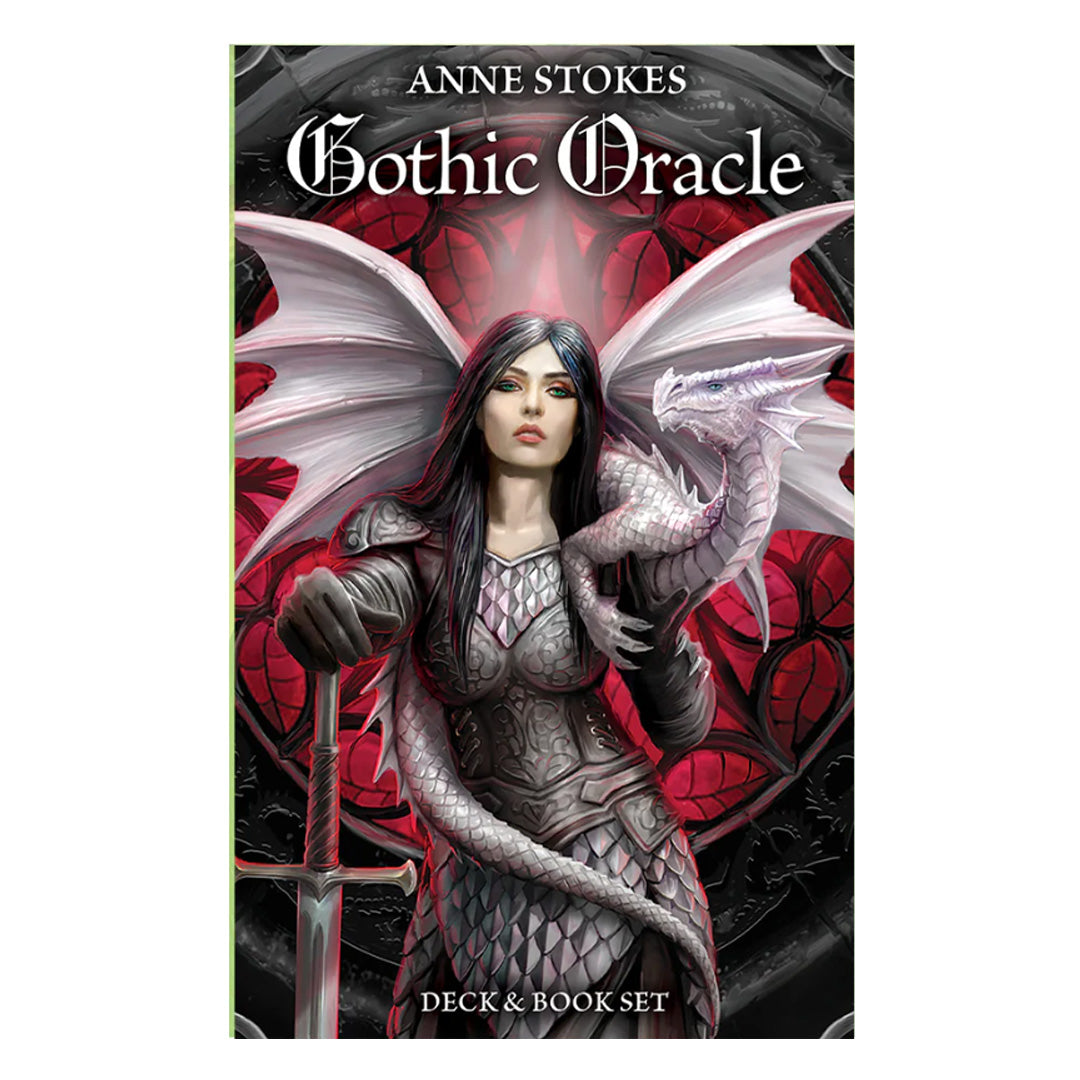 Cover of the box for the Anne Stokes Gothic Oracle Deck & Book Set, showing warrior woman in armor with white dragon on her shoulders in front of a red Gothic window