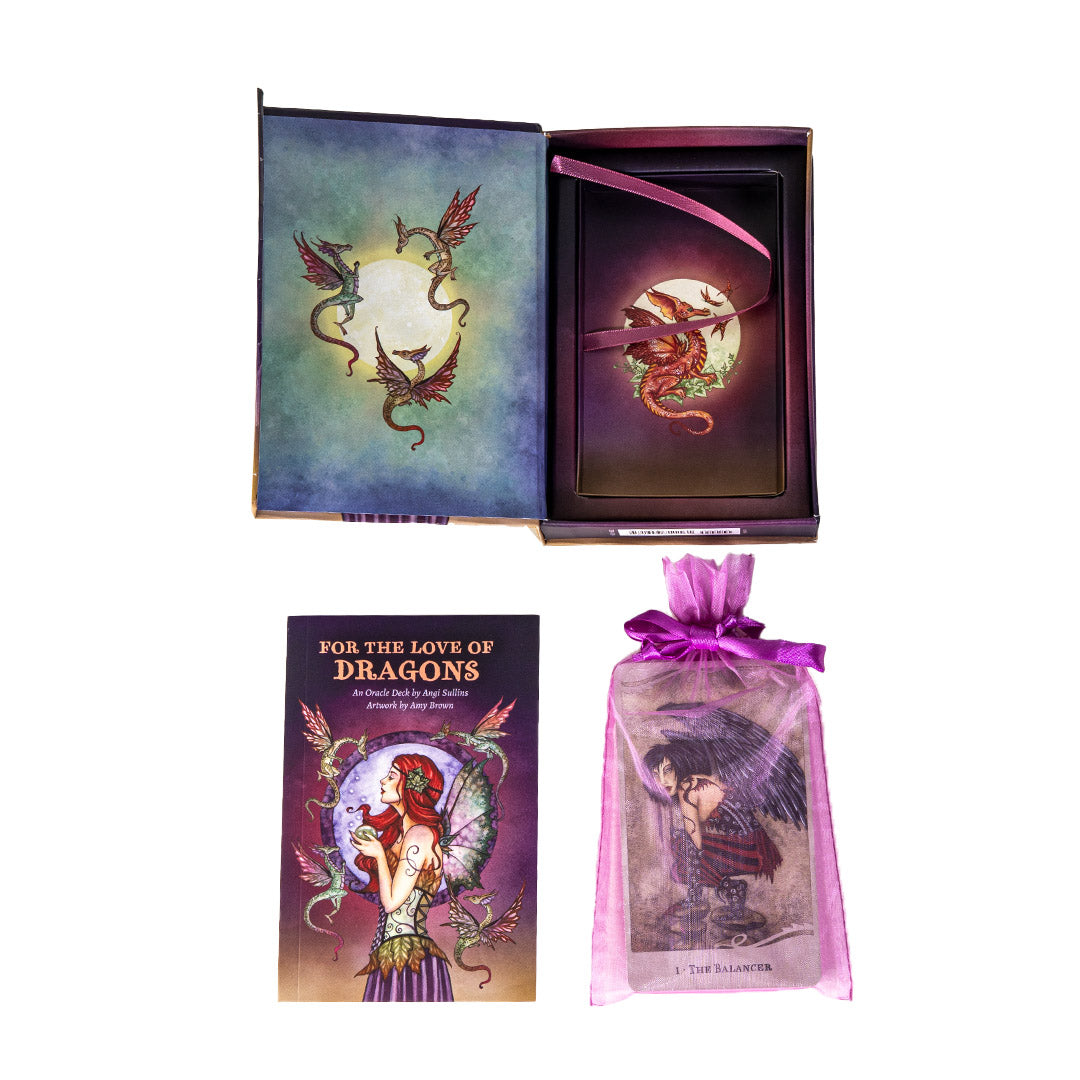 For The Love OF Dragons Oracle Deck & Book Set, art by Amy Brown. Showing magnetic closure box, book, and cards in pink organza pouch