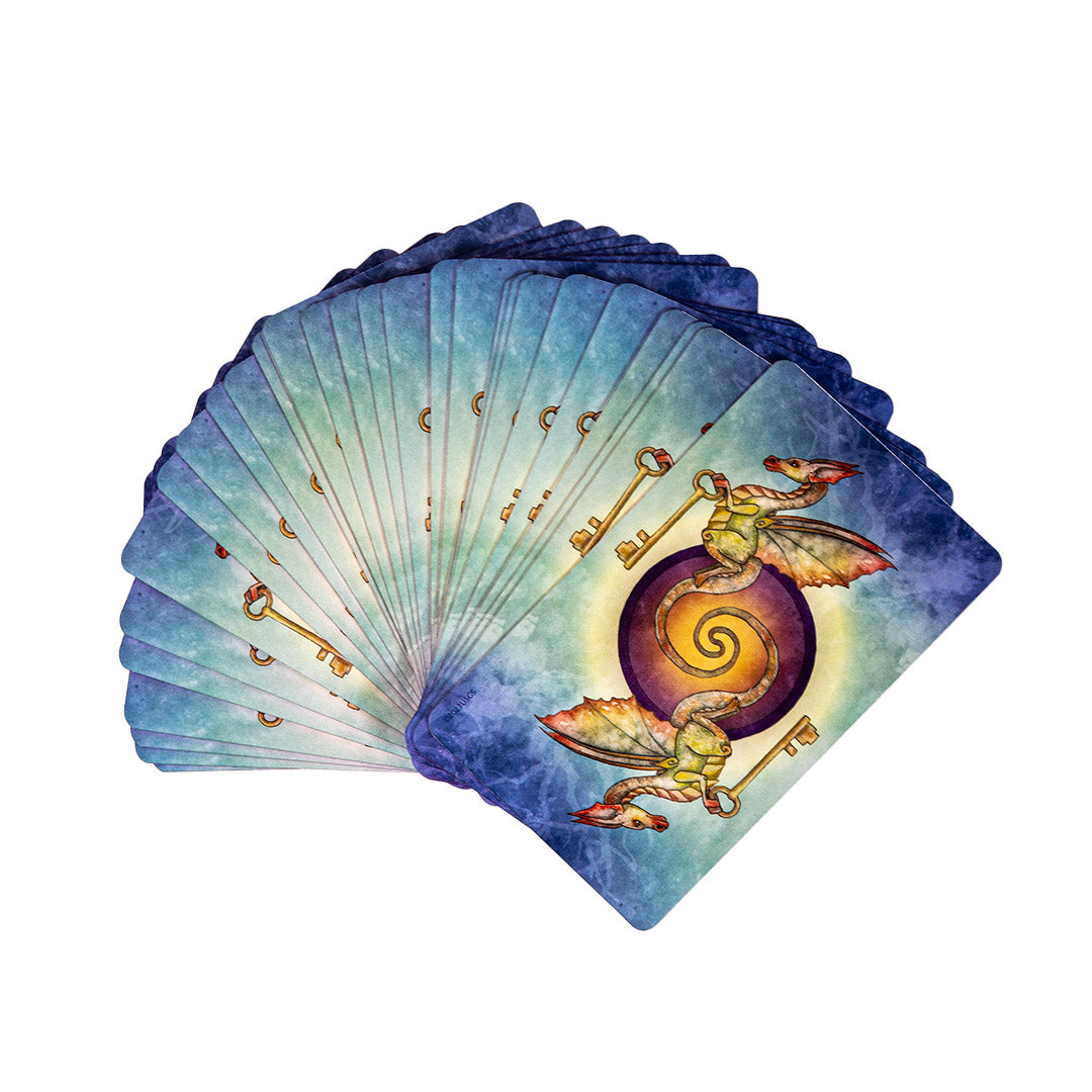 Back of cards showing dragons holding keys with blue background