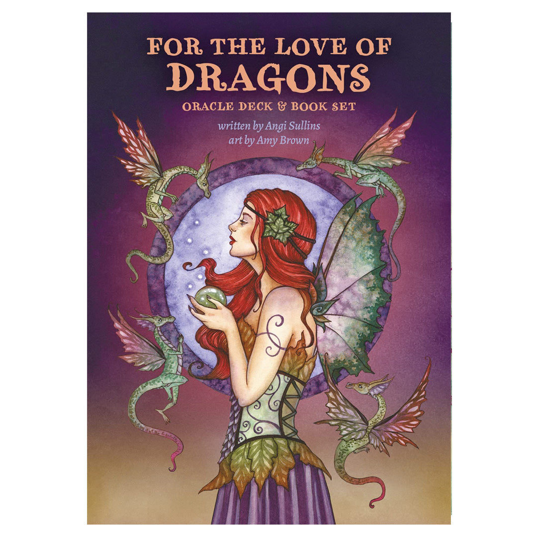 For The Love OF Dragons Oracle Deck & Book Set, written by Angi Sullins, art by Amy Brown. Cover showing a fairy surrounded by small dragons
