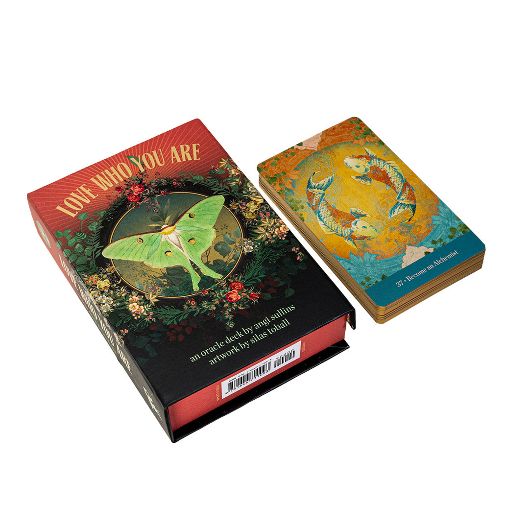 "Love Who You Are", an oracle deck by angi sullins with art by silas toball, box shown with deck