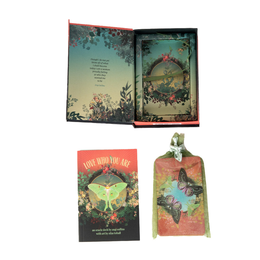"Love Who You Are", an oracle deck by angi sullins with art by silas toballm box, guidebook and deck in organza bag