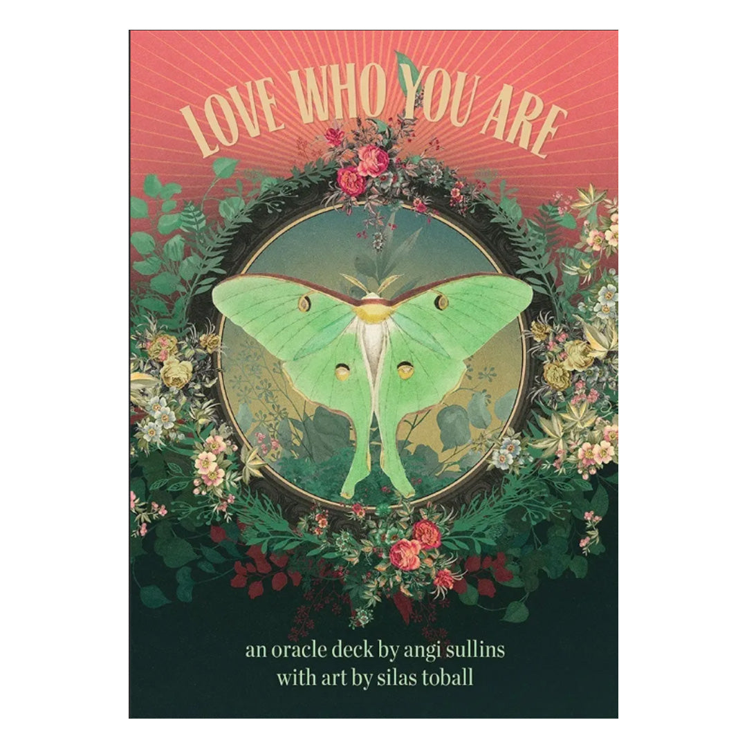 "Love Who You Are", an oracle deck by angi sullins with art by silas toball, box cover featuring a luna moth and flowers