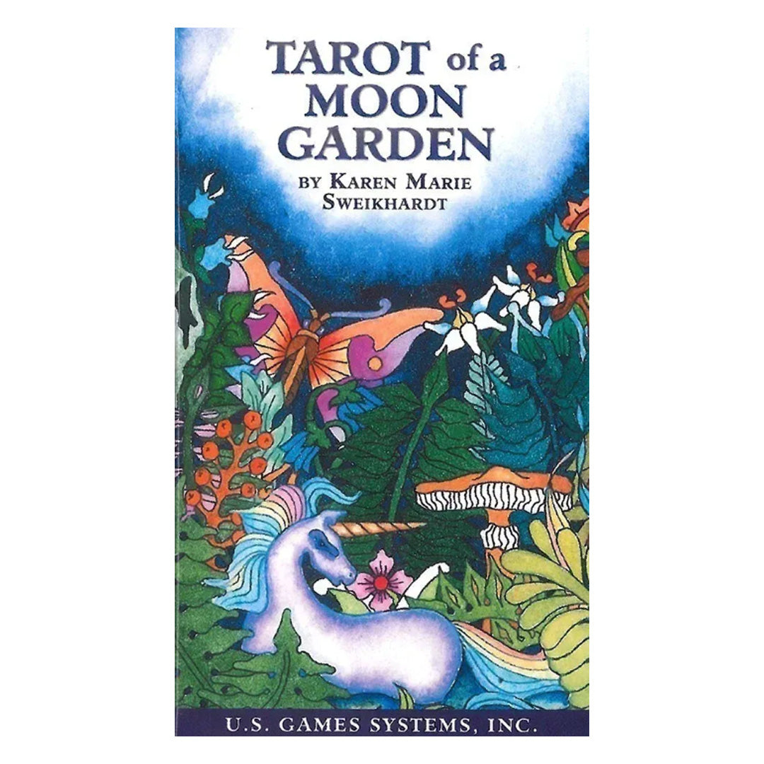 Tarot of a Moon Garden by Karen Marie Sweikhardt, box cover with unicorn, plants, butterfly, mushroom