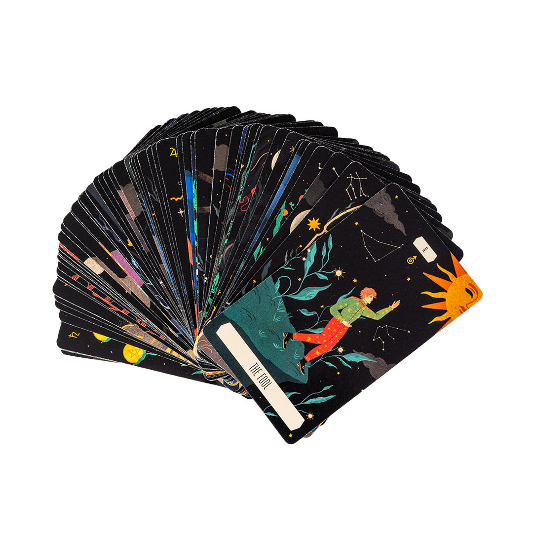 Zodiac Tarot Deck & Guidebook Set, cards shown with The Fool on top