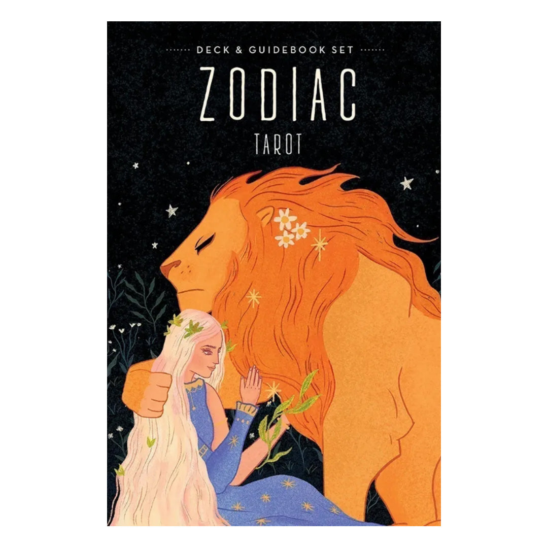 Zodiac Tarot Deck & Guidebook Set, box front features woman and lion