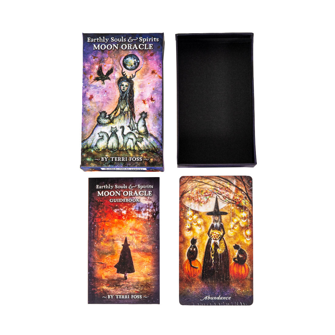Moon Oracle card set with packaging, showing cover and card example with box