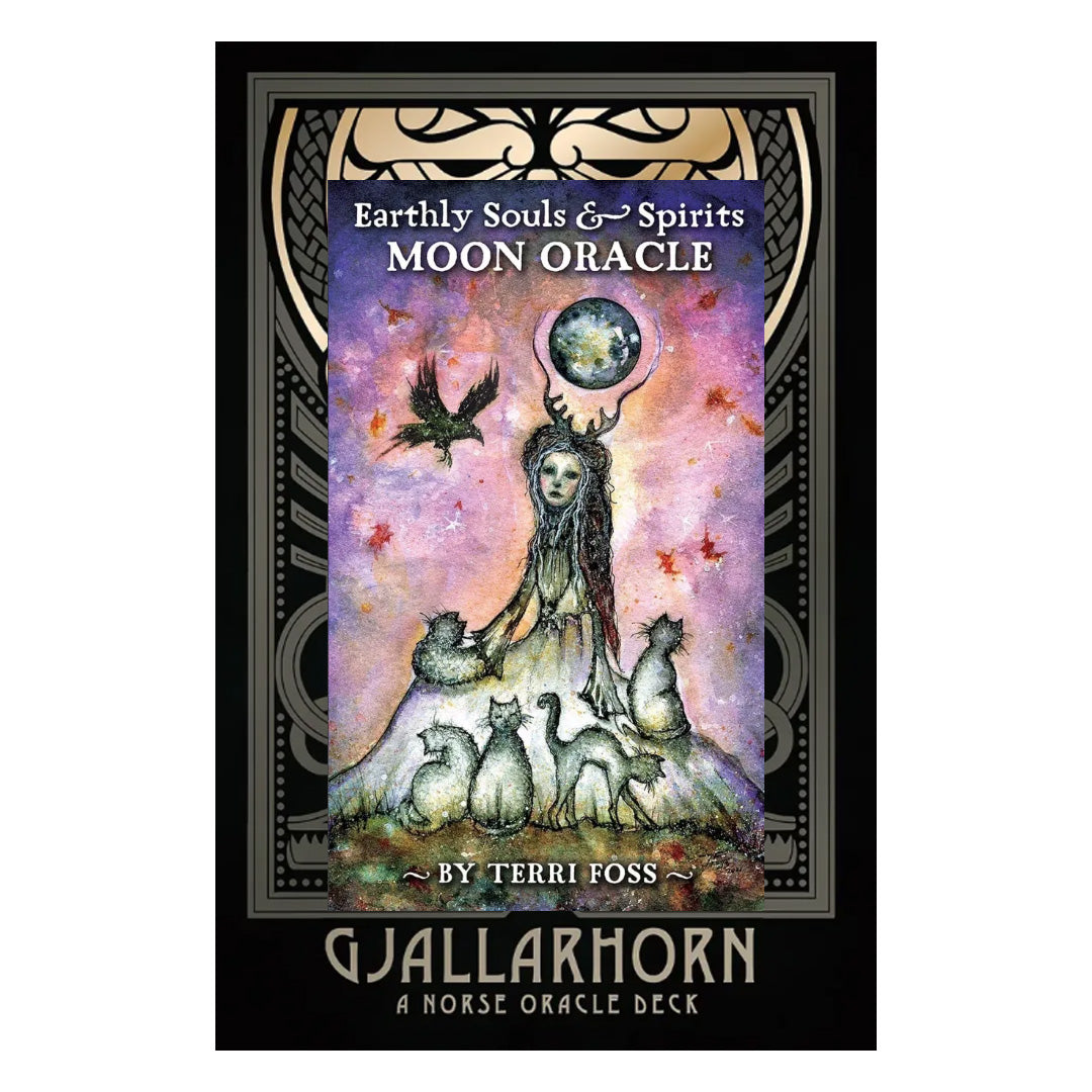 Ornate cover of 'Earthly Souls & Spirits Moon Oracle' by Terri Foss with a woman and animals design.