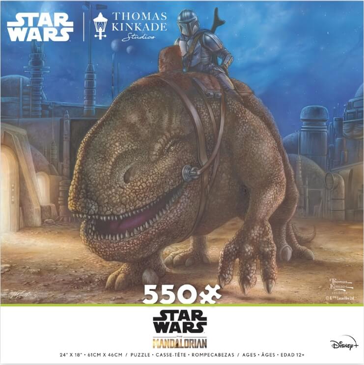 Mando is on the move, riding forth through the night. Rich with color and detail, Thomas Kinkade brings this Star Wars scene to life! 550 pieces jigsaw puzzle