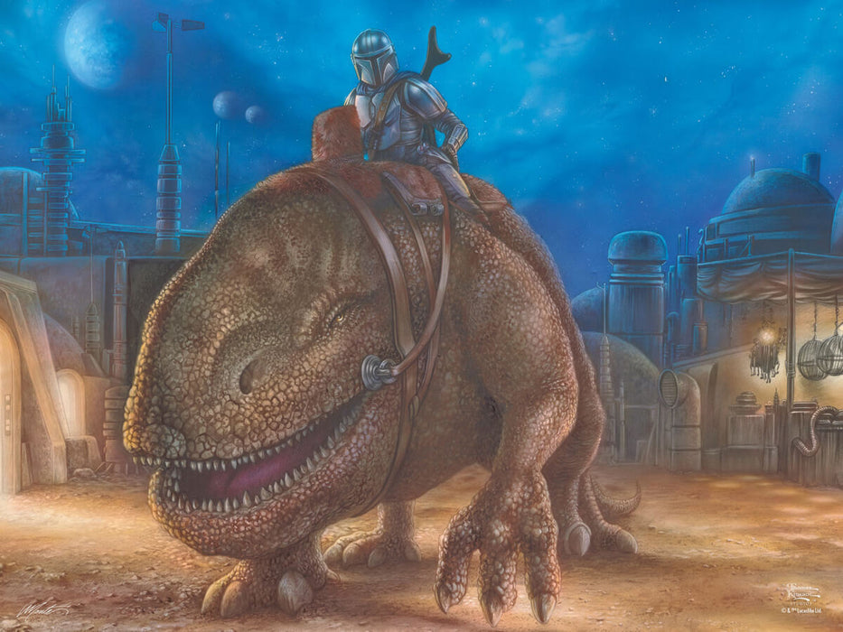 Mando is on the move, riding forth  through the night. Rich with color and detail, Thomas Kinkade brings this Star Wars scene to life!