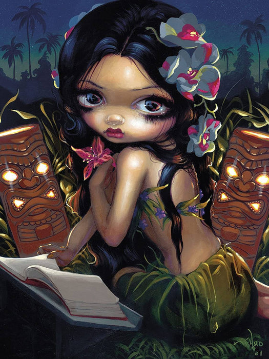 Puzzle artwork showing a girl with black hair and big eyes. Flowers in her haid nad a grass skirt, and she reads out of a book. In the background are palm trees against a night sky and tiki heads with glowing eyes