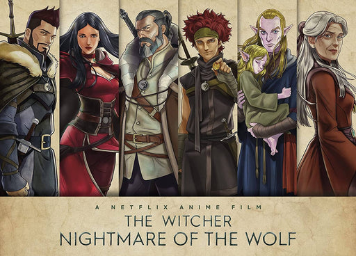 The Witcher Nightmare of the Wolf artwork showing Vesemir and the other characters from the Netflix anime