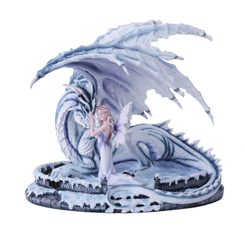 This incredible figurine features a fairy maiden kneeling in the snow, dressed in a pale dress with violet accents and wings to match. She strokes the face of an icy blue and ivory dragon.