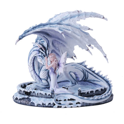 This incredible figurine features a fairy maiden kneeling in the snow, dressed in a pale dress with violet accents and wings to match. She strokes the face of an icy blue and ivory dragon. 