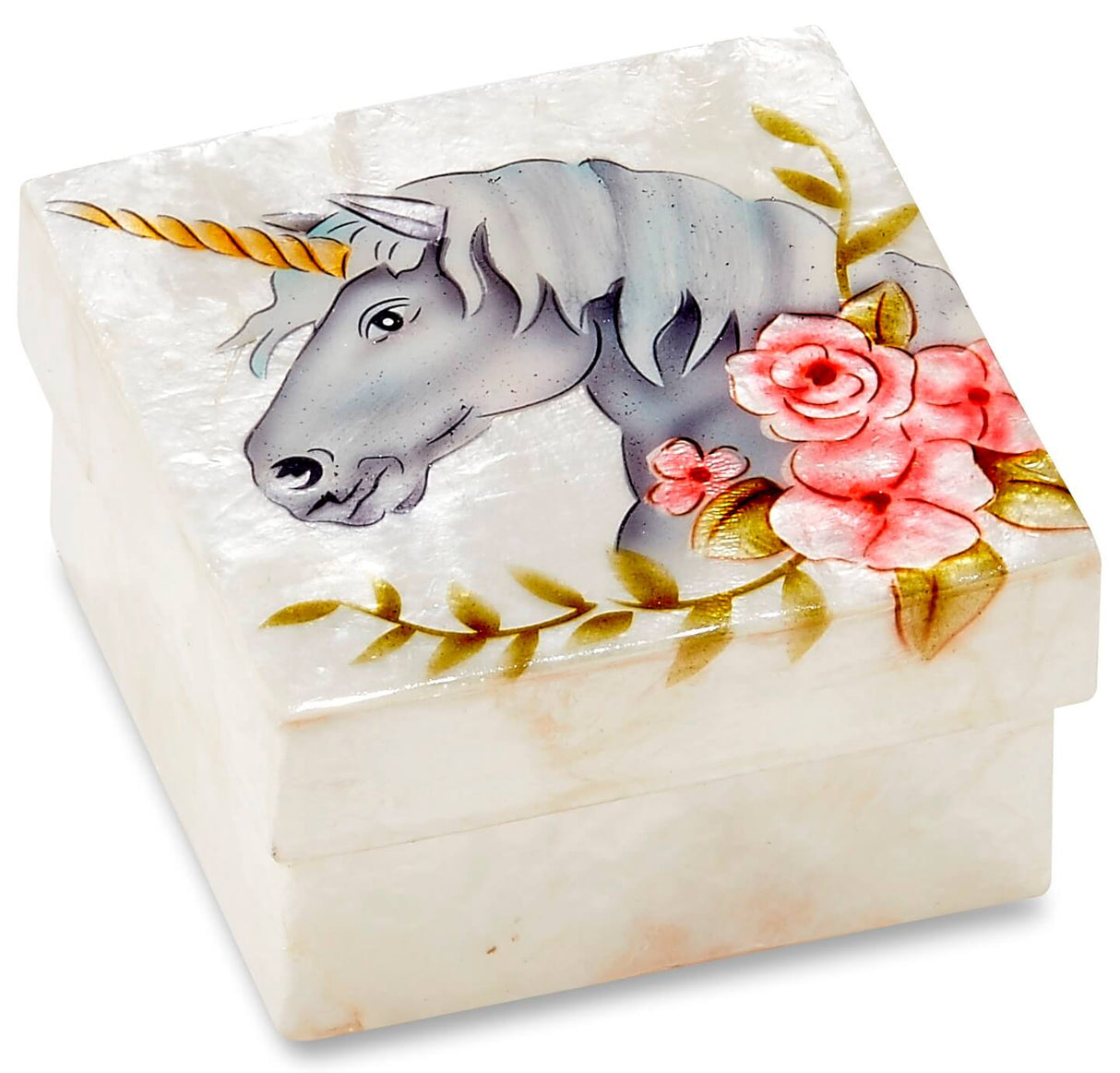 Square capiz shell box with a unicorn and pink roses on the lid