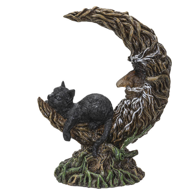 This wonderful figurine features a black cat asleep on the crescent moon. The moon is done to look like branches twining together, with a wise Greenman face. The kitty slumbers peacefully!