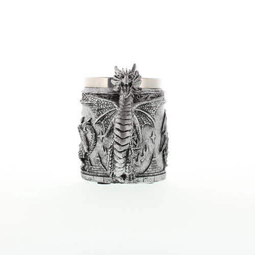 Silver-toned mug with scene of a dragon, and dragon handle. Stainless steel insert. Shown facing the handle to see the snarling dragon