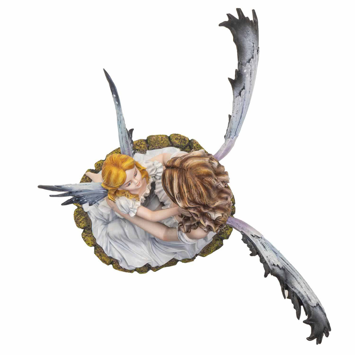 Mother and child fairy figurine in white dresses with blue-grey wings. Shown from above